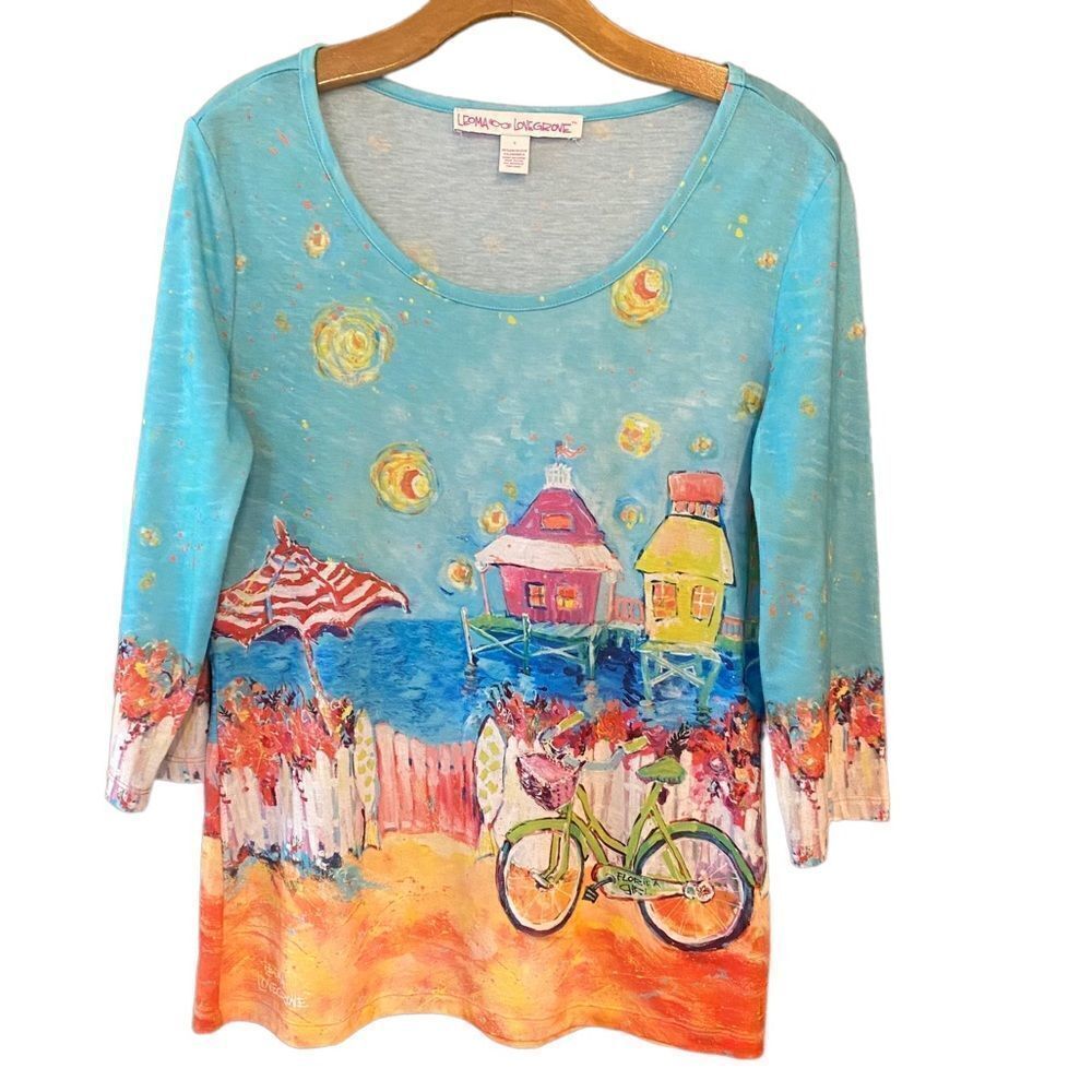 Leoma Lovegrove Sz S Blue Graphic Florida Beach Umbrellas Bicycle Casual T-Shirt